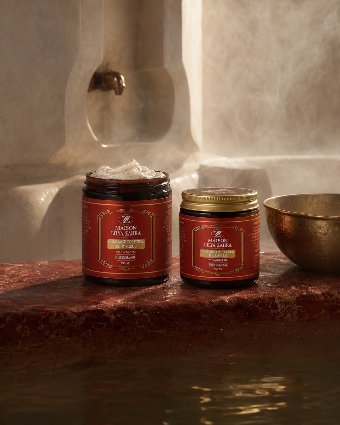 Body scrub and hair mask in a luminous Moroccan hammam.